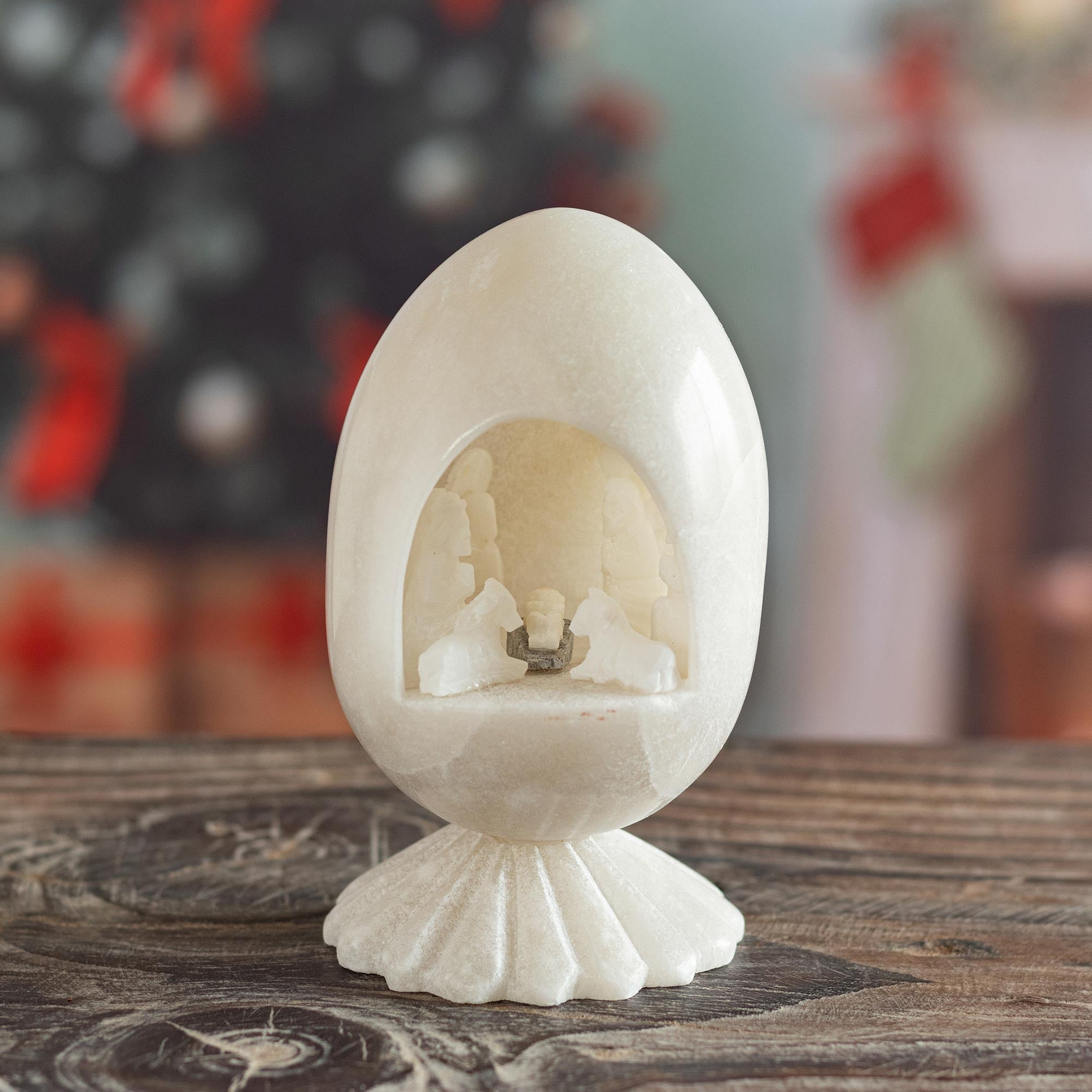 Carved White Huamanga Stone Nativity Egg Sculpture Peru - Holiday of Peace and Love