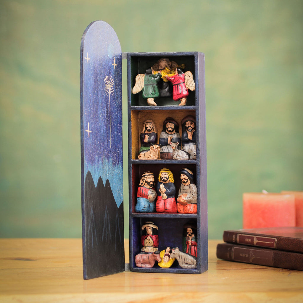Handmade Wood Retablo Diorama Peruvian Folk Art - Blue Nativity