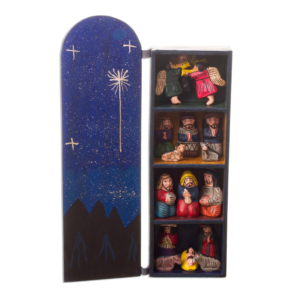 Handmade Wood Retablo Diorama Peruvian Folk Art - Blue Nativity