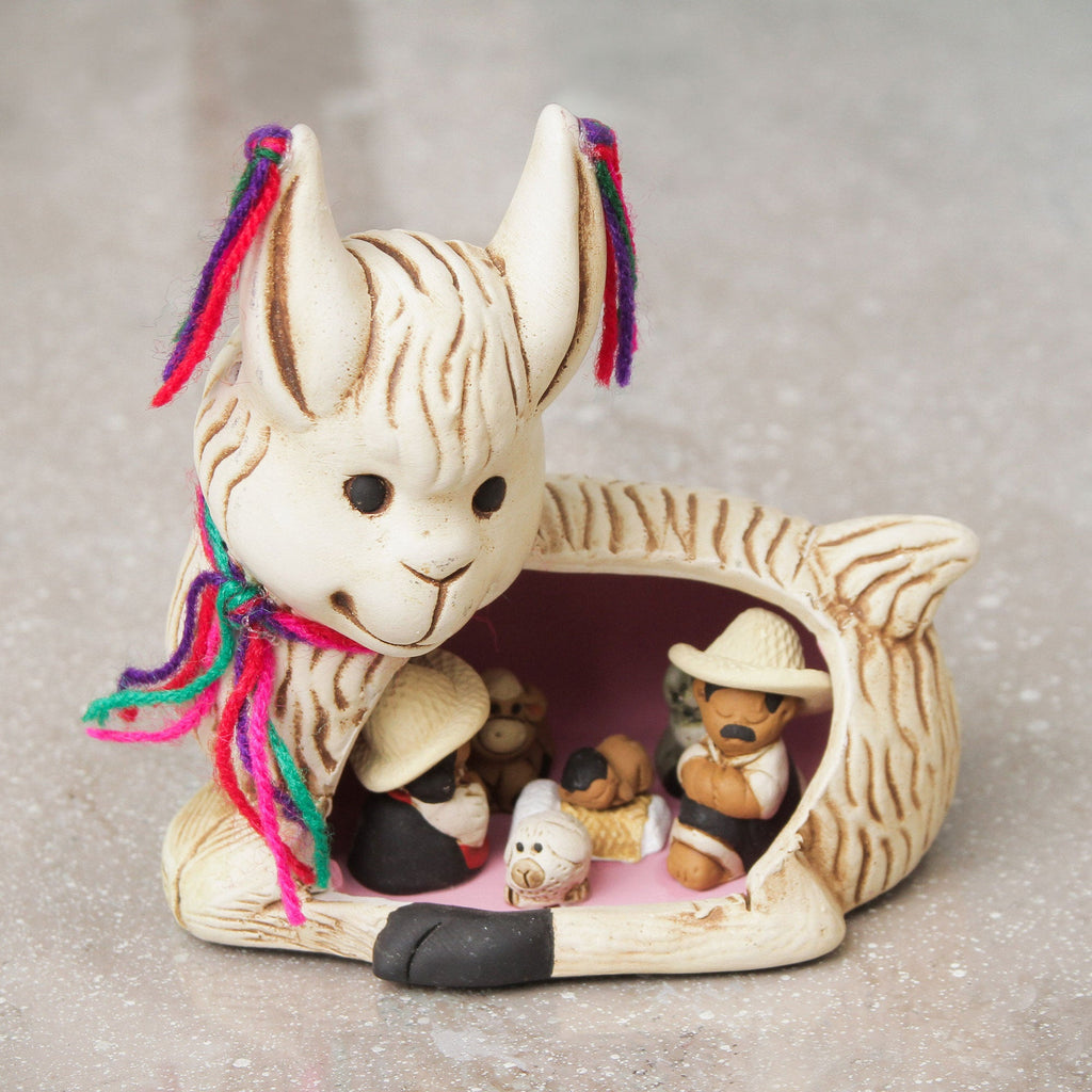 Hand-Painted Llama-Themed Ceramic Nativity Scene from Peru - Llama Love