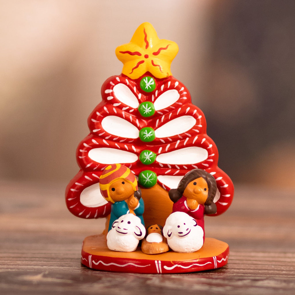 Hand-Painted Tree-Shaped Ceramic Nativity Scene in Red - Miracle Beneath the Tree