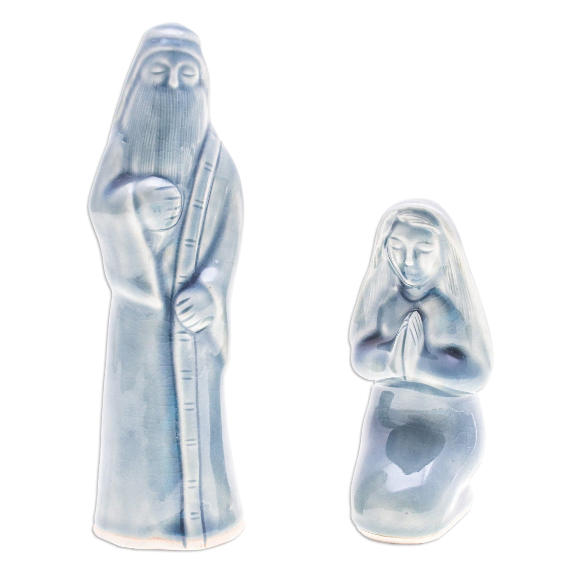 6-Piece Celadon Ceramic Nativity Scene with Blue Glaze - Holy Family in Blue