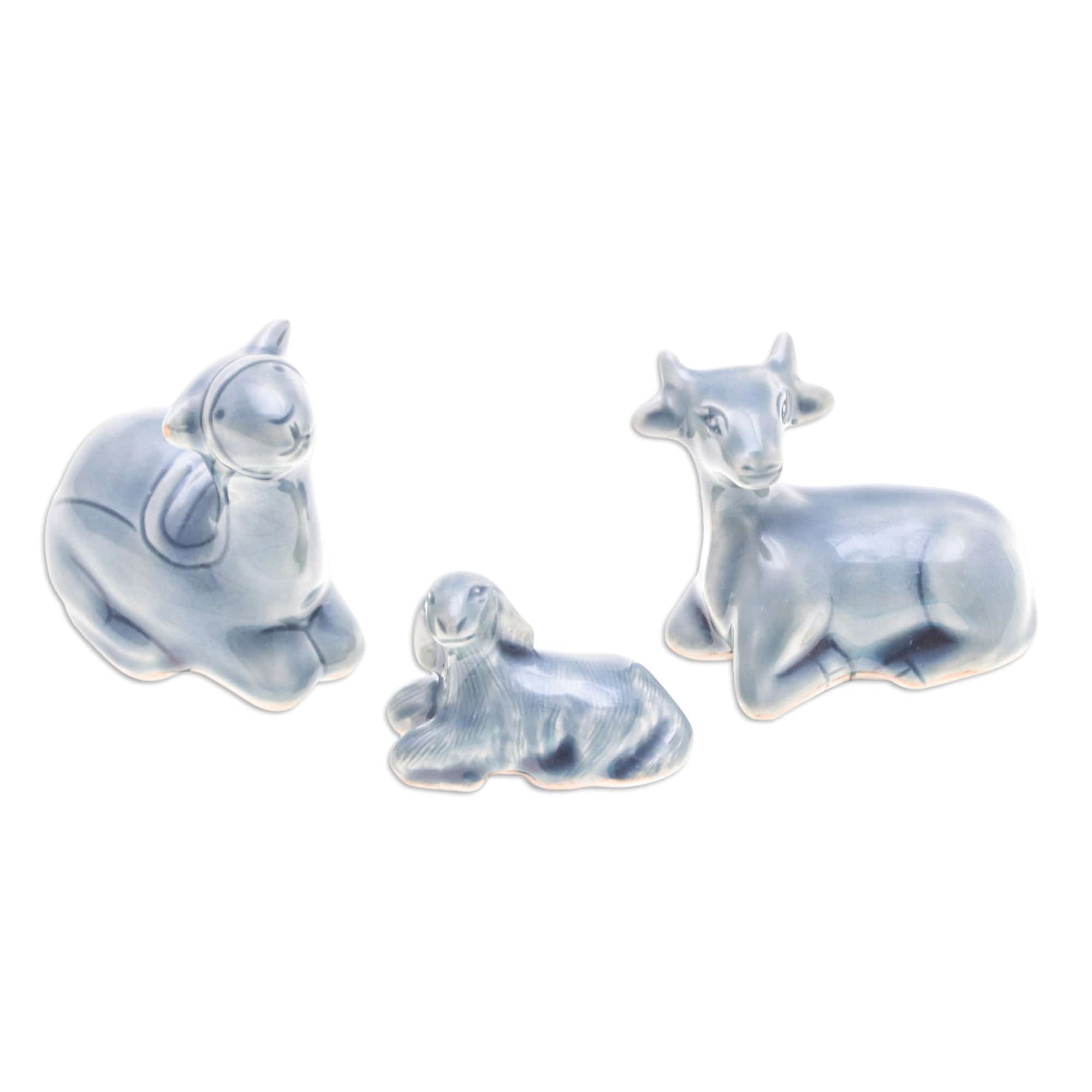 6-Piece Celadon Ceramic Nativity Scene with Blue Glaze - Holy Family in Blue