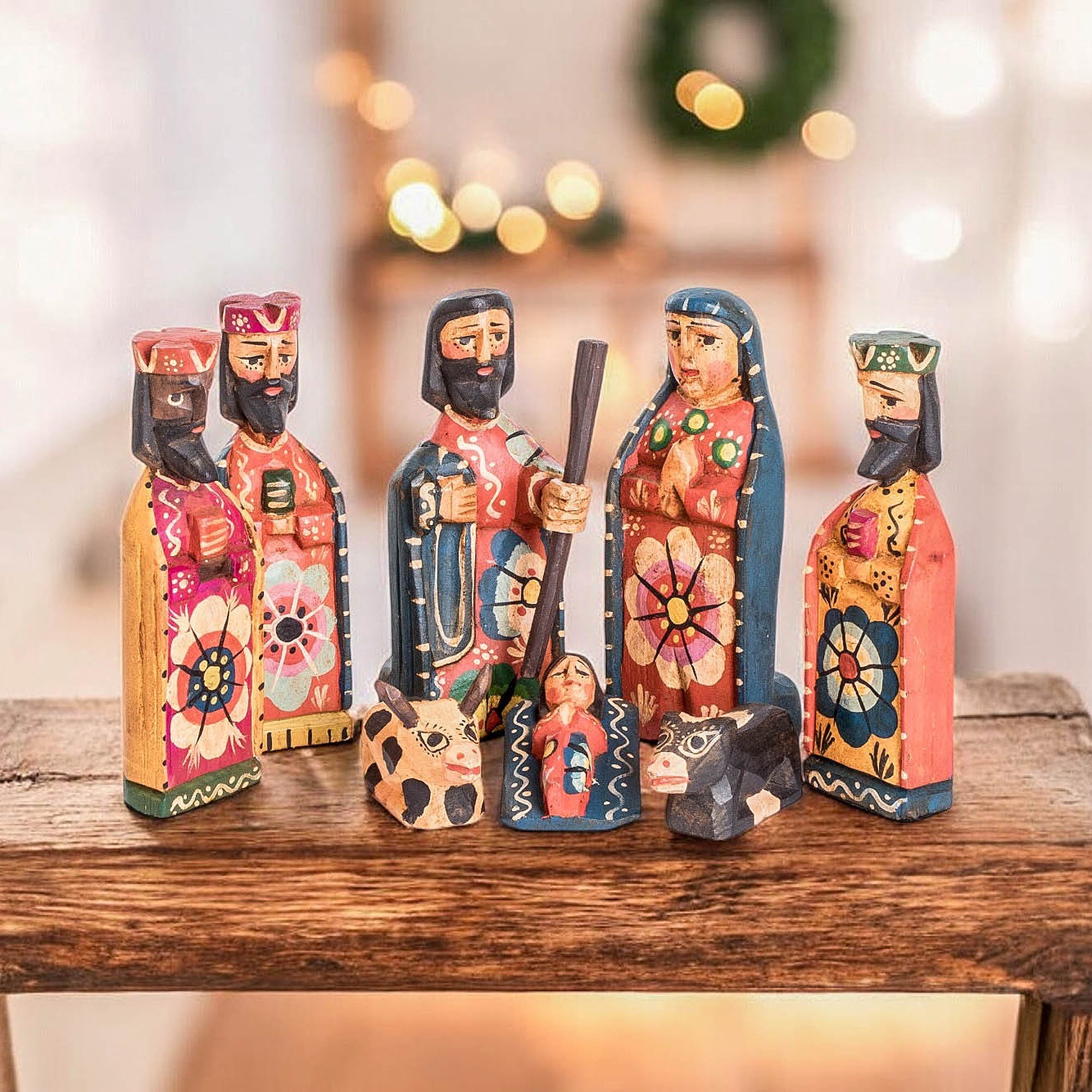 Hand-Painted Folk Art-Themed 8-Piece Pinewood Nativity Scene - The Promised Arrival