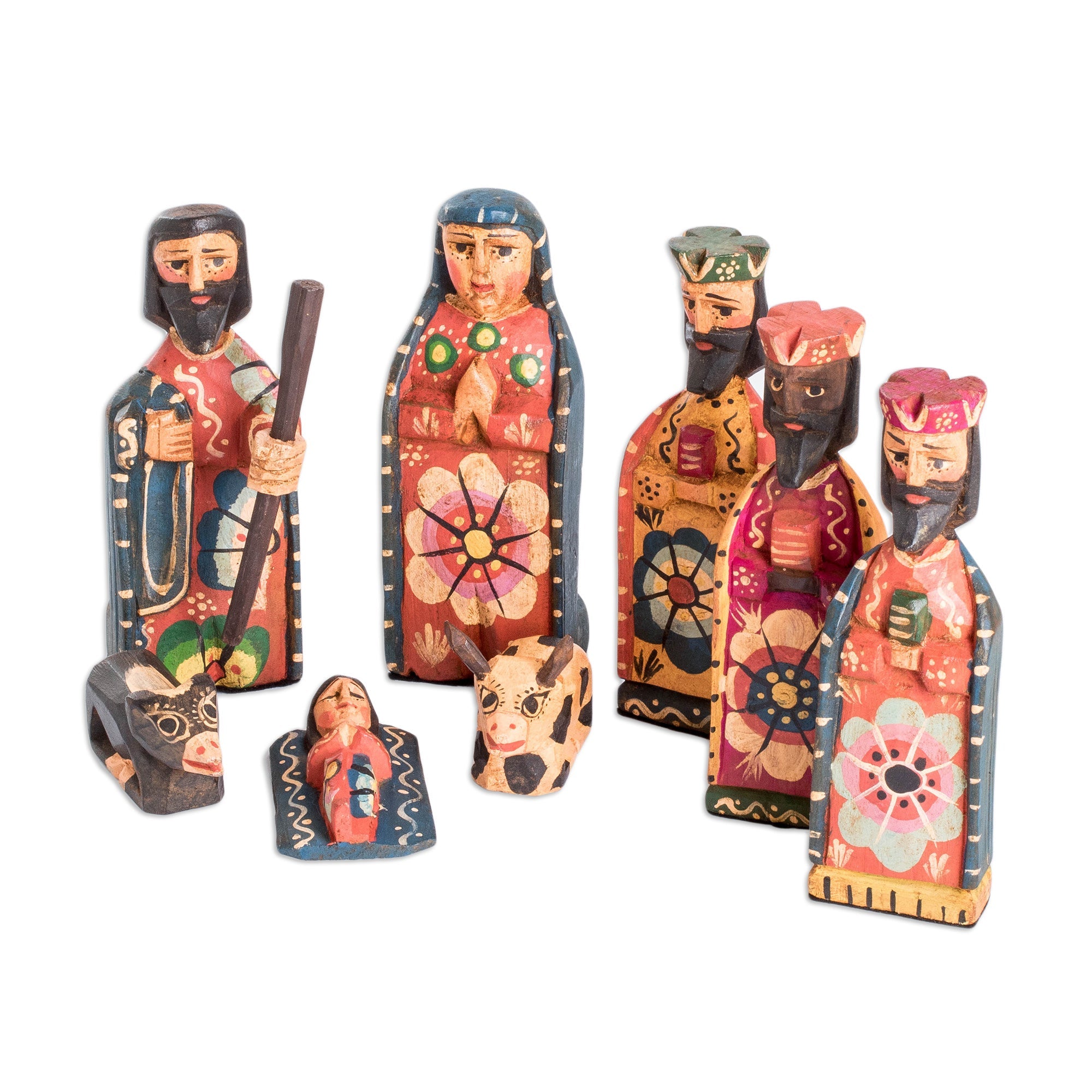 Hand-Painted Folk Art-Themed 8-Piece Pinewood Nativity Scene - The Promised Arrival