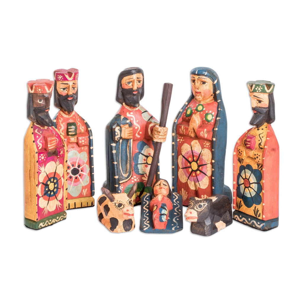 Hand-Painted Folk Art-Themed 8-Piece Pinewood Nativity Scene - The Promised Arrival