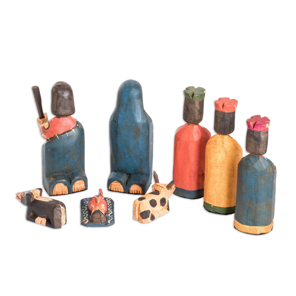 Hand-Painted Folk Art-Themed 8-Piece Pinewood Nativity Scene - The Promised Arrival