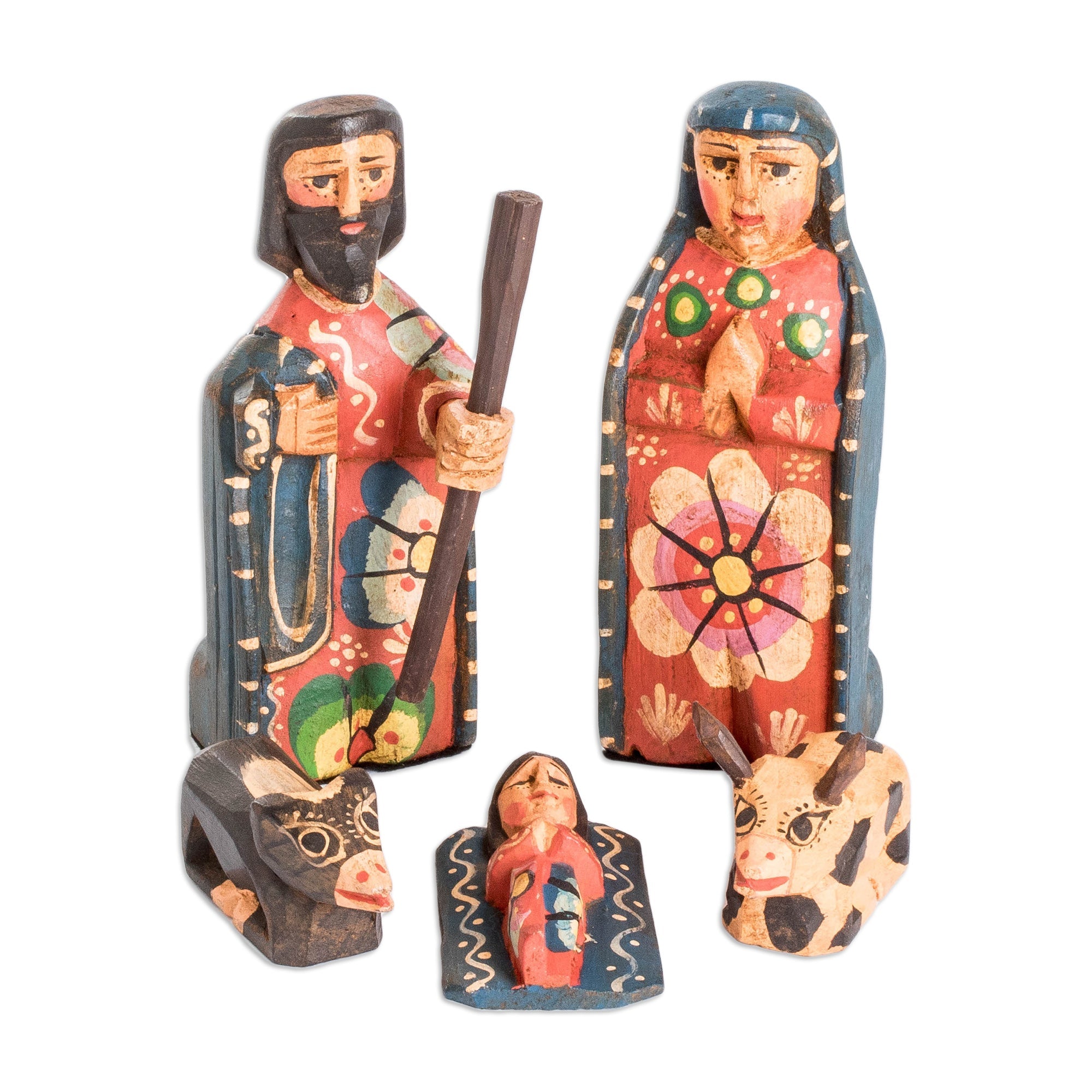 Hand-Painted Folk Art-Themed 8-Piece Pinewood Nativity Scene - The Promised Arrival