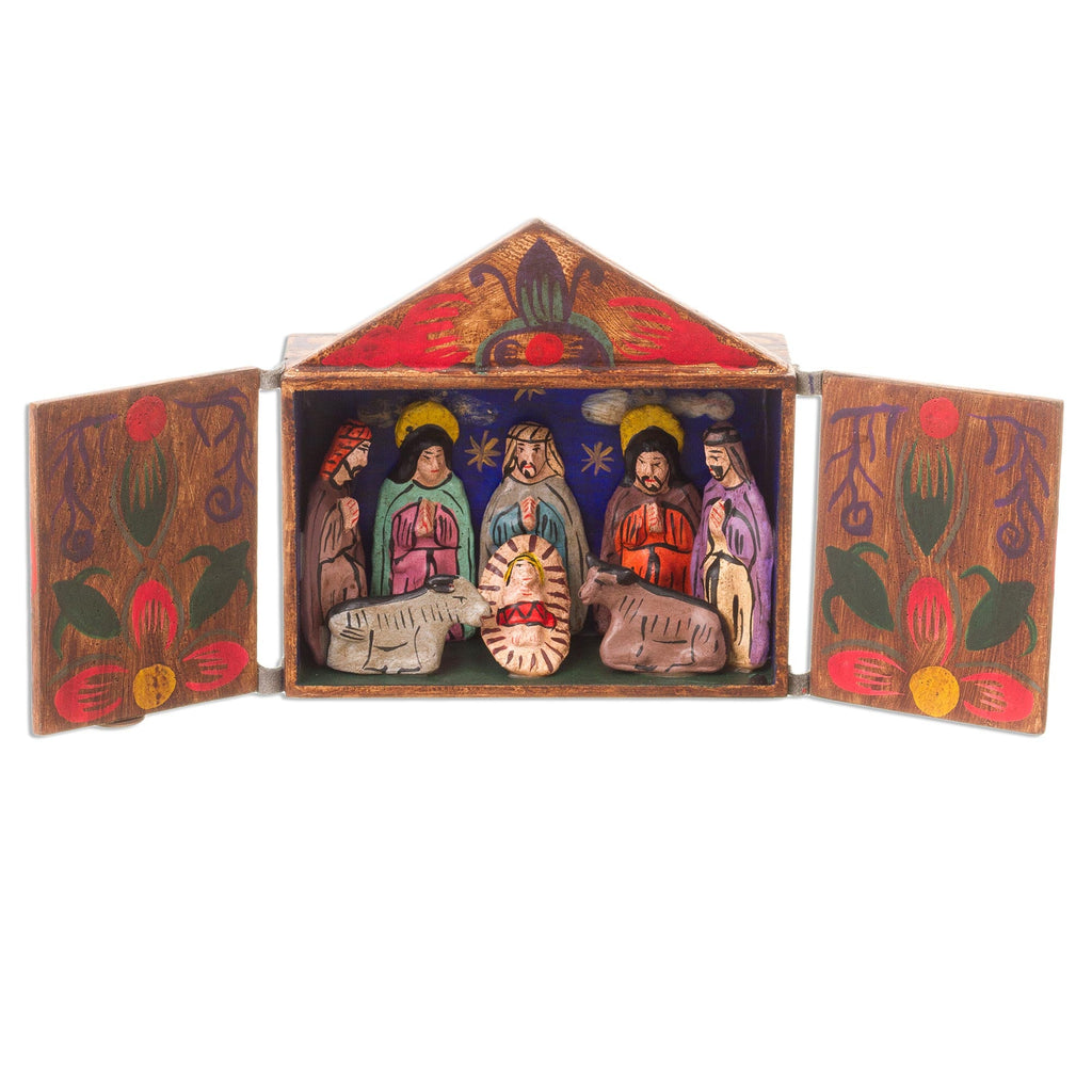 Fair Trade Nativity Scene Retablo Wood Sculpture - Jesus Spoke of Peace